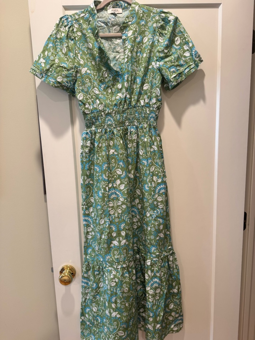 Anama Green Floral V-Neck Smocked Waist Midi Dress
